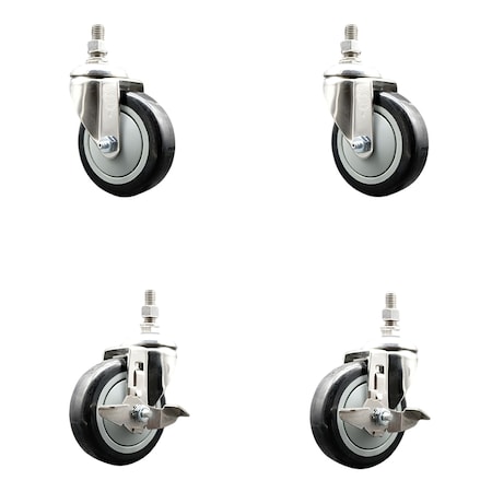 Service Caster 4 Inch 316SS Black Polyurethane Swivel 12mm Threaded Stem Caster Brake, 2PK SS316TS20S414-PPUB-BLK-M1215-2-TLB-2